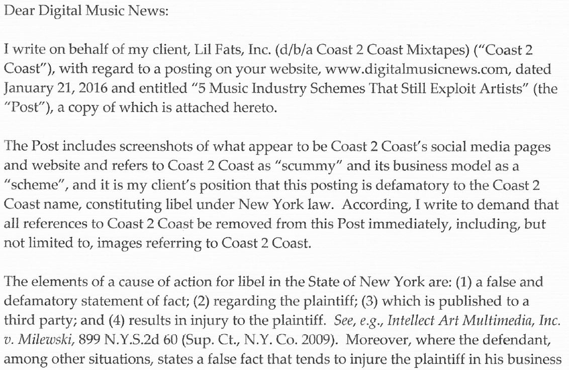 Digital Music News Lawyer Letter
